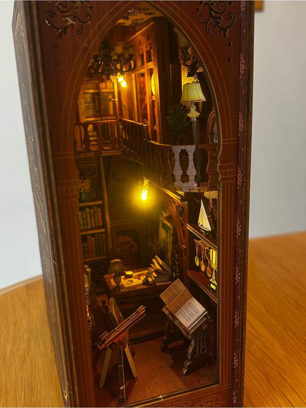 Miniature Wooden Library Book Display with Warm Brown Finish